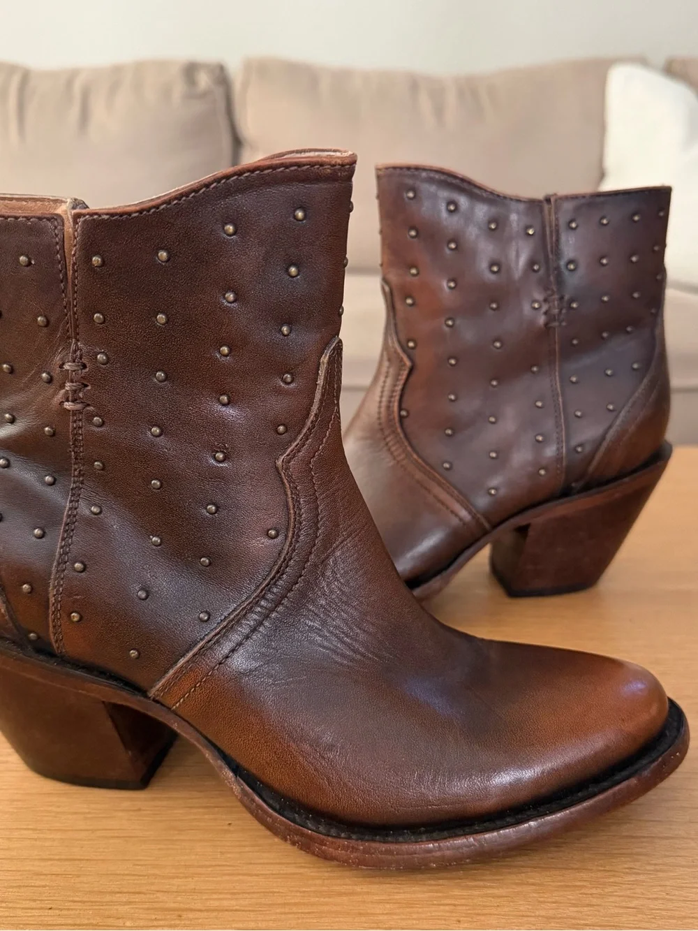 Lucchese Harley Cowhide Zippered Studded Round Toe Cowboy Booties - Picture 2 of 12